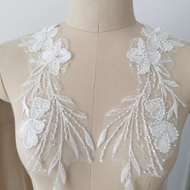 Sequined Beaded Embroidered 3D Flowers Lace Applique TLF074