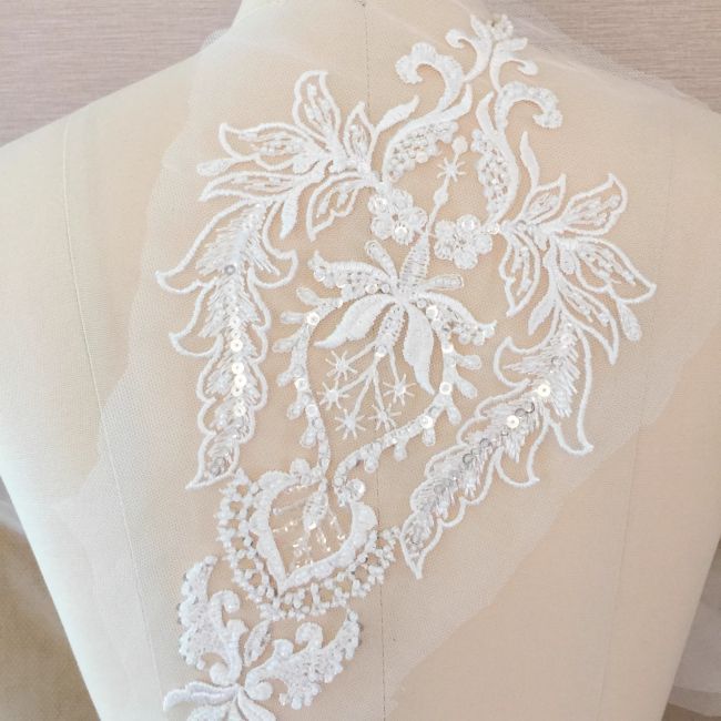Sequined Beaded Embroidered 3D Flowers Lace Applique TLF047