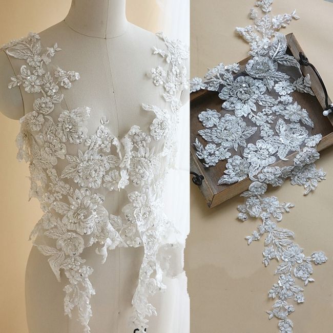 Sequined Beaded Embroidered 3D Flowers Lace Applique TLF078