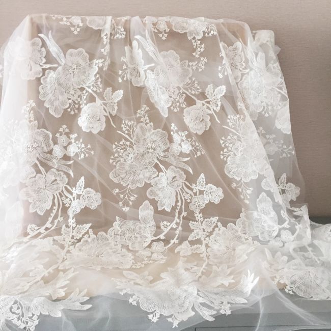 Sequined Beaded Embroidered 3D Flowers Chantilly Lace Fabric TLF058