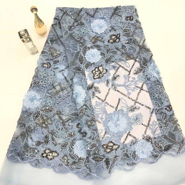 Multi-Coloured 3D Flowers Leaves Sequined Embroidered Lace Fabric TLF103