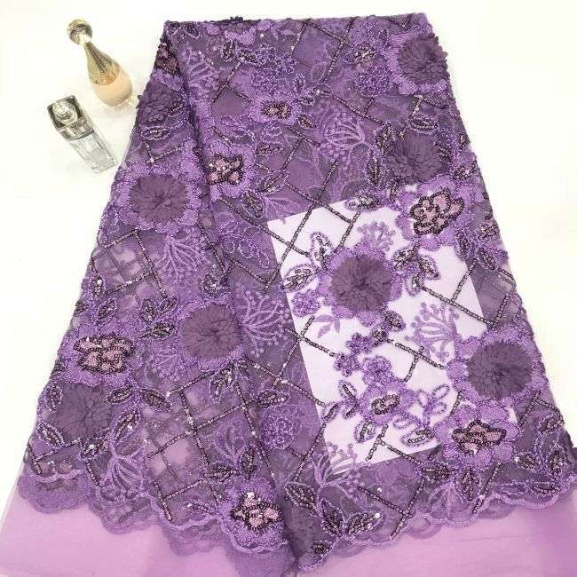 Multi-Coloured 3D Flowers Leaves Sequined Embroidered Lace Fabric TLF103