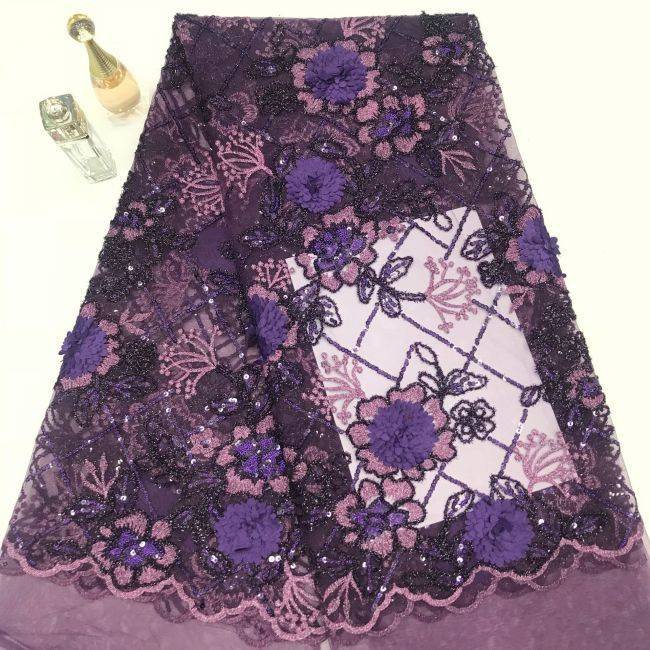 Multi-Coloured 3D Flowers Leaves Sequined Embroidered Lace Fabric TLF103