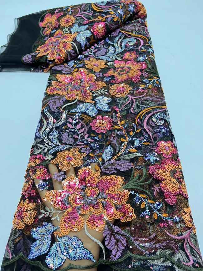Multi-Coloured 3D Lace Fabric Flowers Leaves Embroidered Lace Fabric TLF117