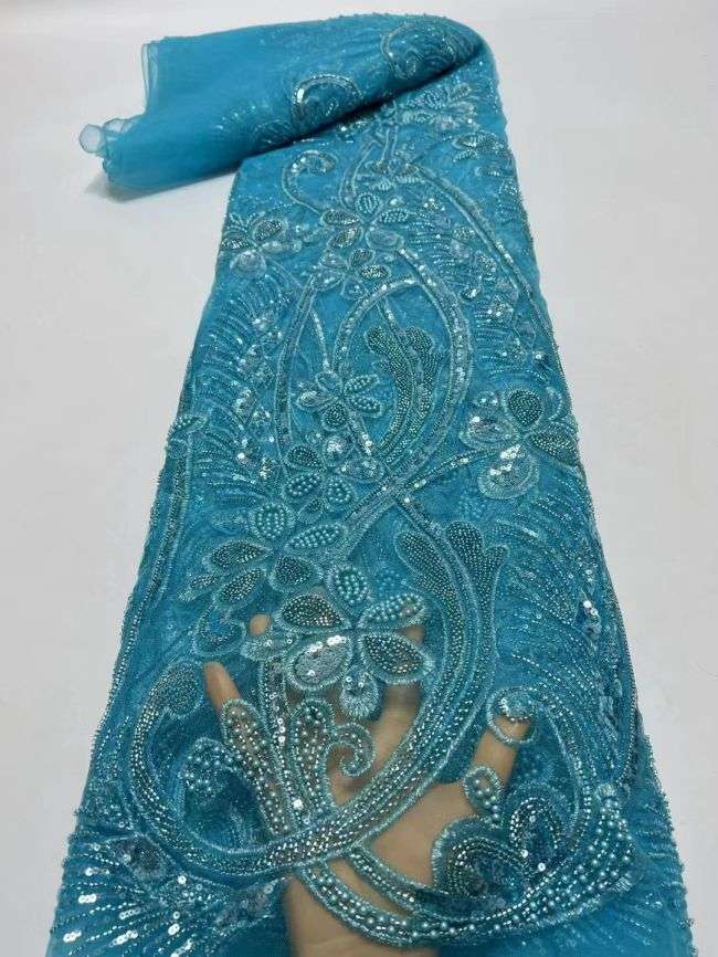 Multi-Coloured Sequined Beaded Embroidered Lace Fabric TLF161