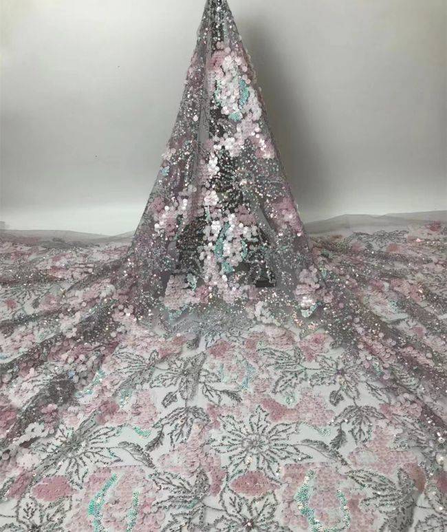 Multi-Coloured Sequined Beaded Embroidered Lace Fabric TLF217