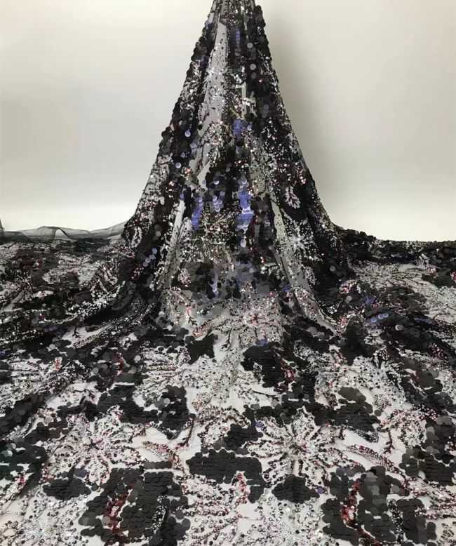 Multi-Coloured Sequined Beaded Embroidered Lace Fabric TLF217