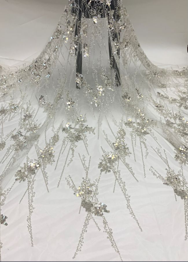 Multi-Coloured Sequined Beaded 3D Floral Embroidered Bridal Lace Fabric TDD024