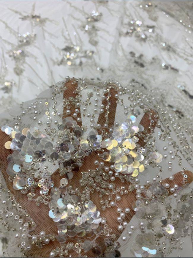 Multi-Coloured Sequined Beaded 3D Floral Embroidered Bridal Lace Fabric TDD024