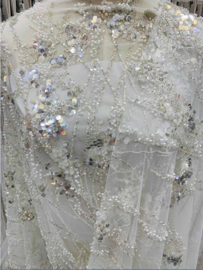 Multi-Coloured Sequined Beaded 3D Floral Embroidered Bridal Lace Fabric TDD024