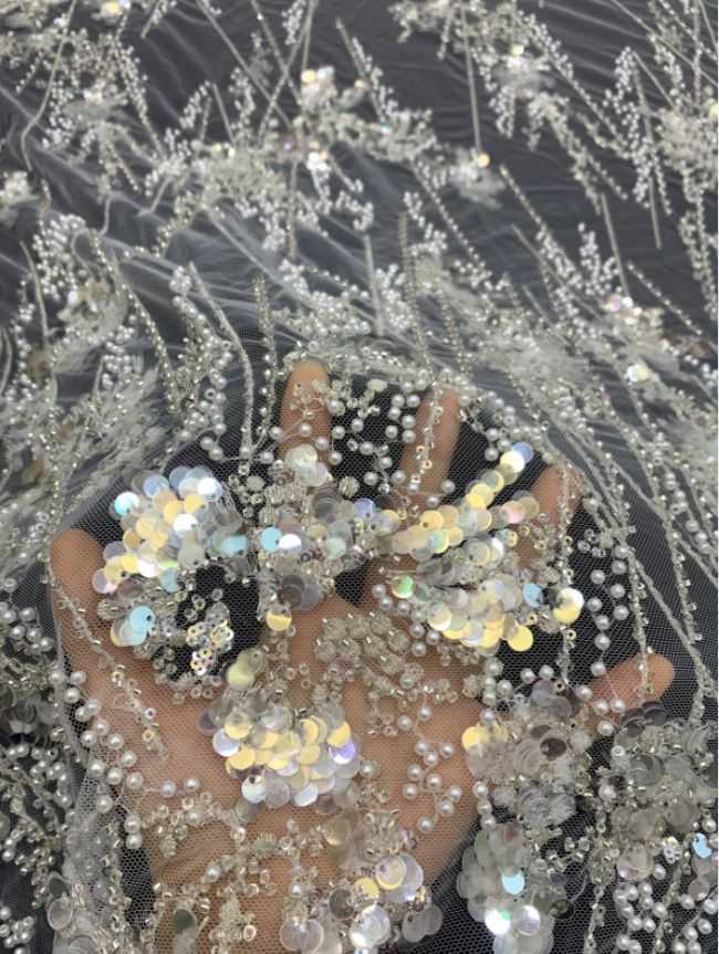 Multi-Coloured Sequined Beaded 3D Floral Embroidered Bridal Lace Fabric TDD024