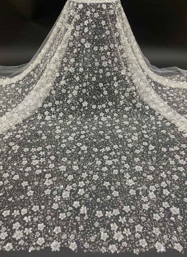 Multi-Coloured Sequined Beaded 3D Floral Embroidered Bridal Lace Fabric TDD022