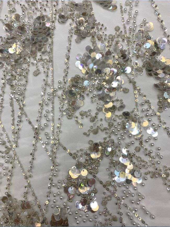 Multi-Coloured Sequined Beaded 3D Floral Embroidered Bridal Lace Fabric TDD024