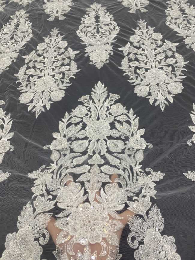 Sequined Beaded 3D Floral Embroidered Bridal Lace Fabric TDD052