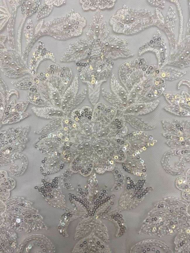 Sequined Beaded 3D Floral Embroidered Bridal Lace Fabric TDD052