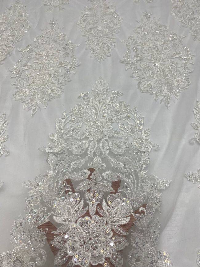 Sequined Beaded 3D Floral Embroidered Bridal Lace Fabric TDD052