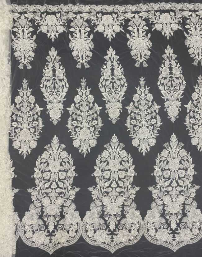 Sequined Beaded 3D Floral Embroidered Bridal Lace Fabric TDD052
