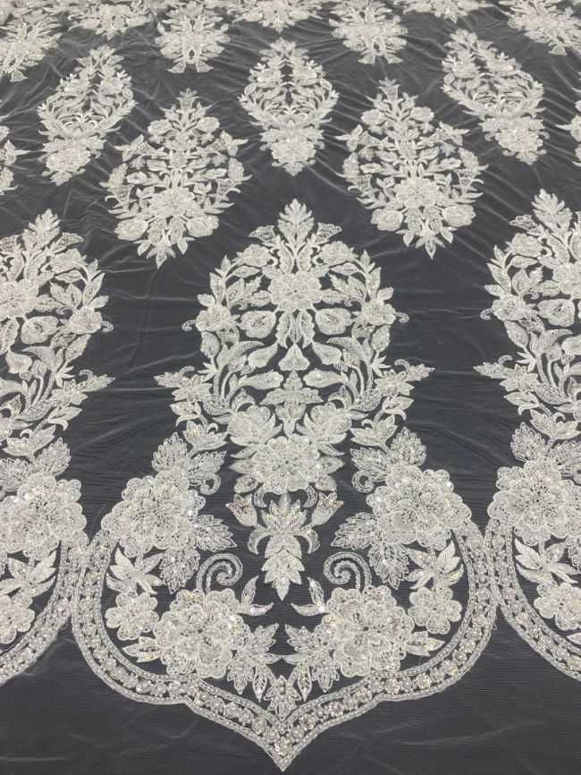 Sequined Beaded 3D Floral Embroidered Bridal Lace Fabric TDD052