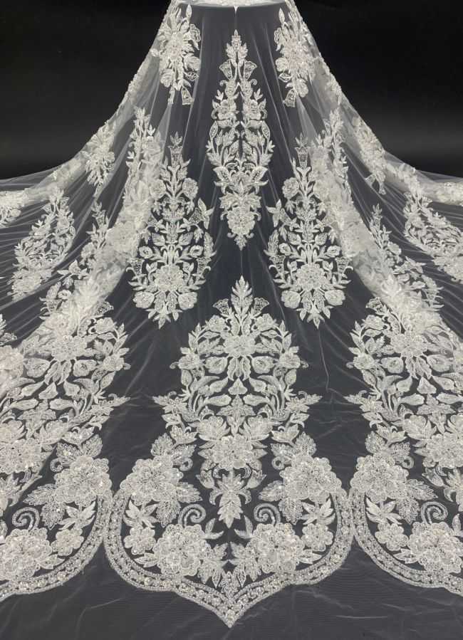 Sequined Beaded 3D Floral Embroidered Bridal Lace Fabric TDD052