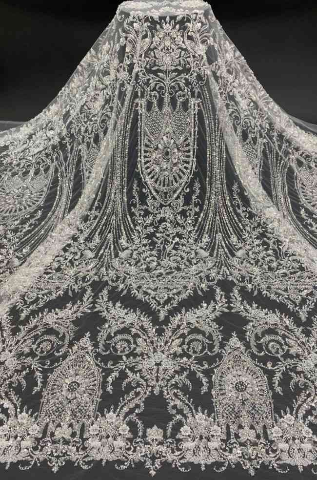 Sequined Beaded Embroidered Bridal Lace Fabric TDD113