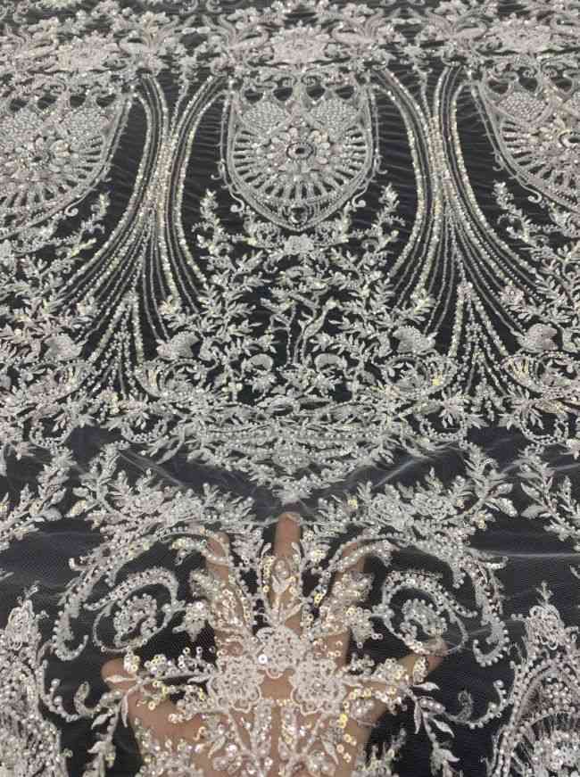 Sequined Beaded Embroidered Bridal Lace Fabric TDD113