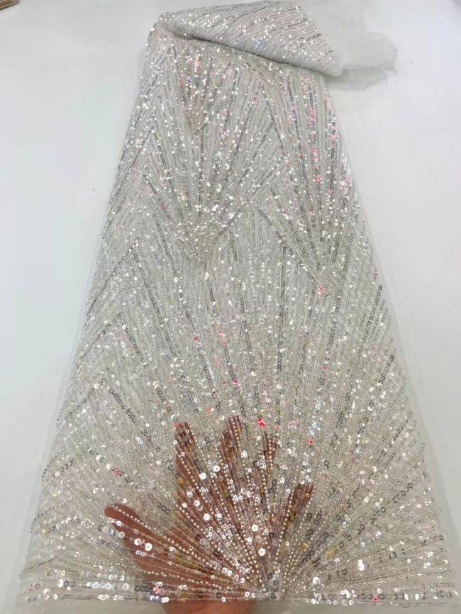 Sequined Beaded Embroidered Bridal Lace Fabric TDD114