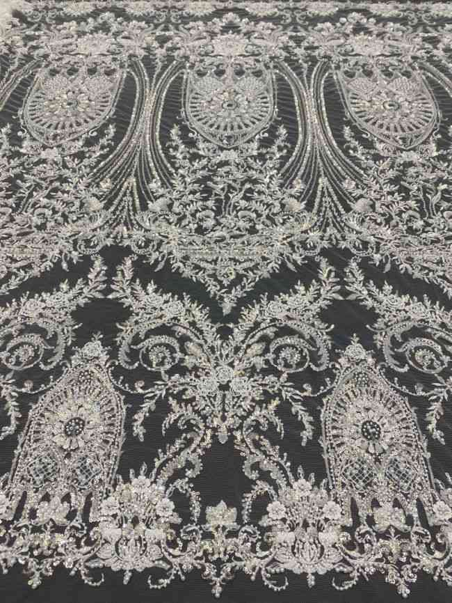Sequined Beaded Embroidered Bridal Lace Fabric TDD113