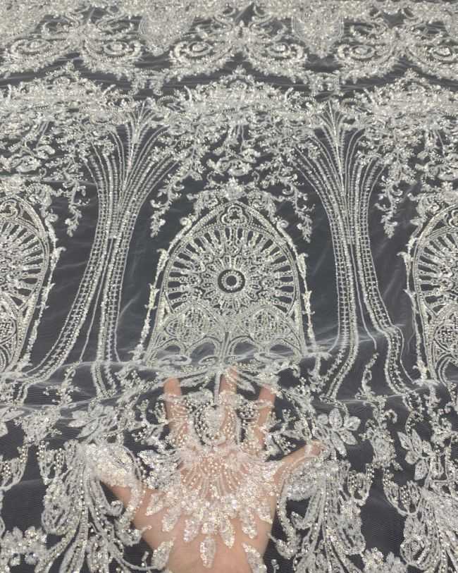 Sequined Beaded Embroidered Bridal Lace Fabric TDD113