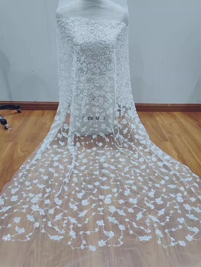 Sequined Beaded Embroidered Bridal Lace Fabric RX085