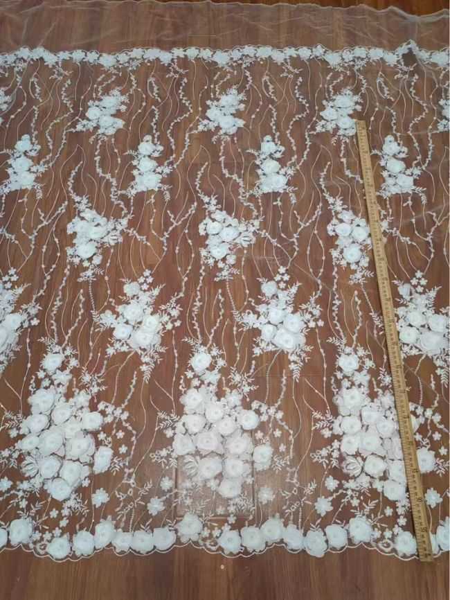 3D Floral Pearls Beaded Embroidered Bridal Lace Fabric RX076