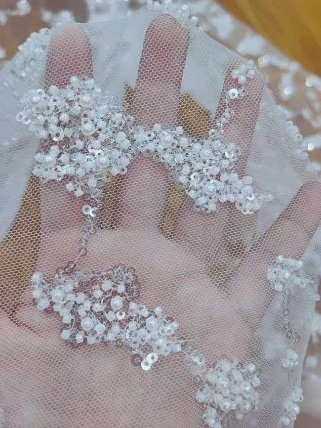 Sequined Beaded Embroidered Bridal Lace Fabric RX085