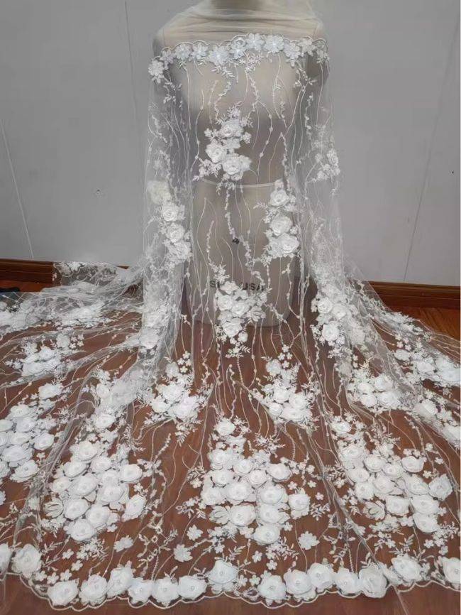 3D Floral Pearls Beaded Embroidered Bridal Lace Fabric RX076