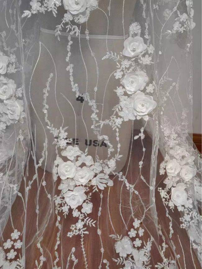 3D Floral Pearls Beaded Embroidered Bridal Lace Fabric RX076
