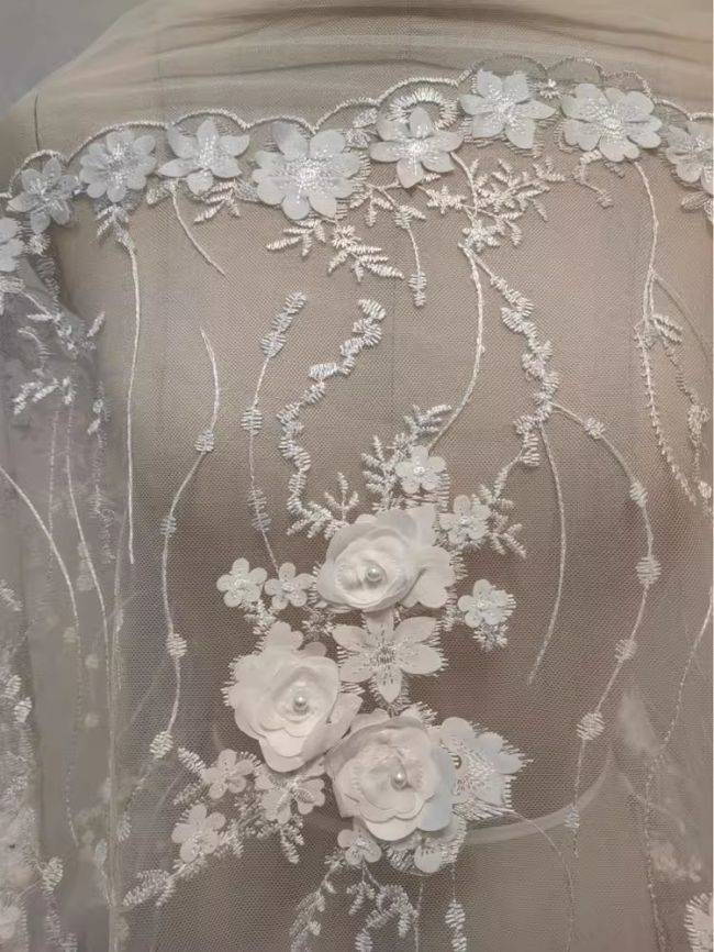 3D Floral Pearls Beaded Embroidered Bridal Lace Fabric RX076