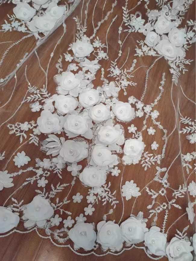3D Floral Pearls Beaded Embroidered Bridal Lace Fabric RX076