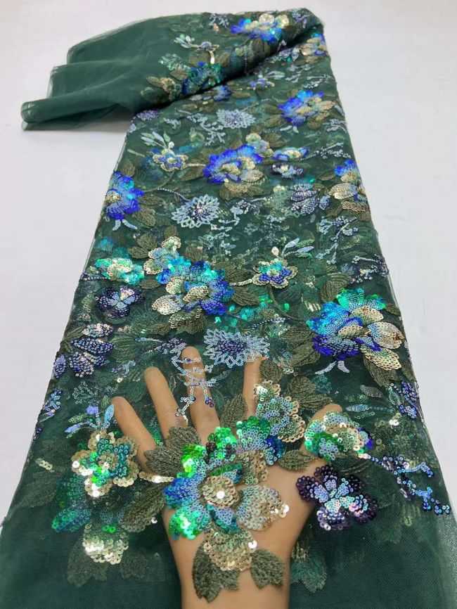 5 Yards Multi-Colored 3D Floral Flowers Sequins Beaded Embroidered Lace Fabric JX107