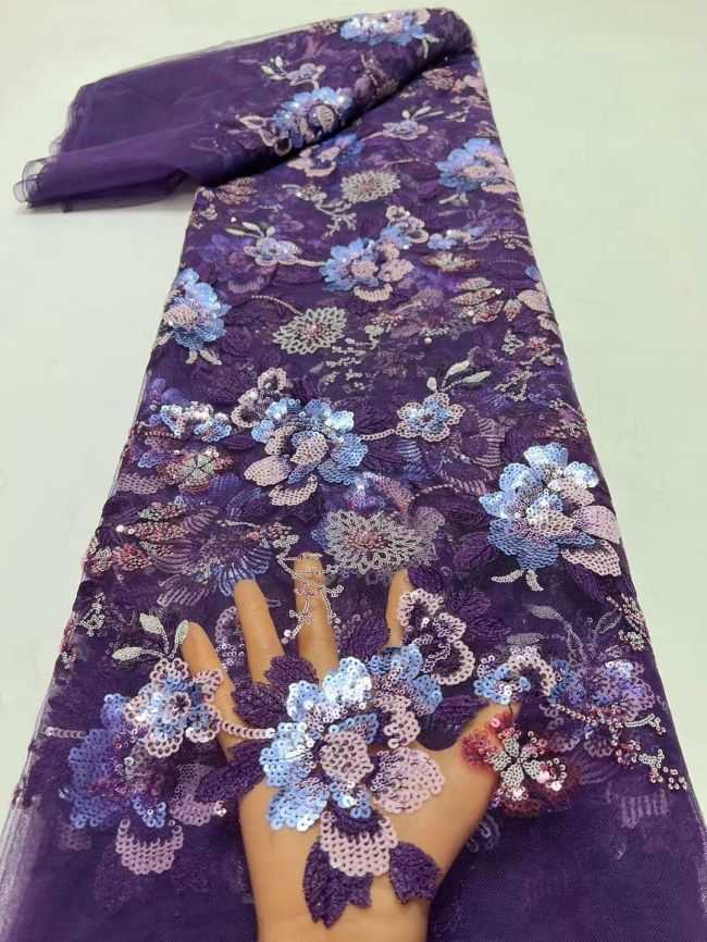 5 Yards Multi-Colored 3D Floral Flowers Sequins Beaded Embroidered Lace Fabric JX107