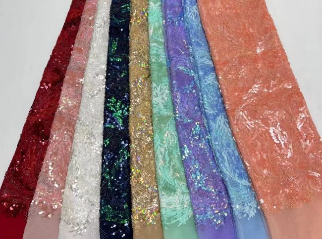 5 Yards Multi-Colored 3D Floral Flowers Sequins Beaded Embroidered Lace Fabric JX080