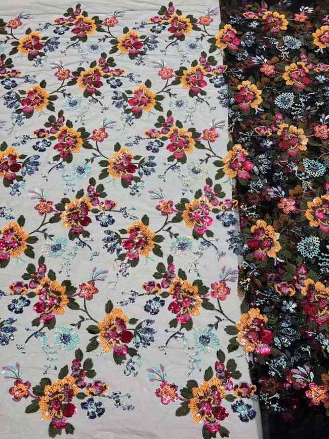 5 Yards Multi-Colored 3D Floral Flowers Sequins Beaded Embroidered Lace Fabric JX107