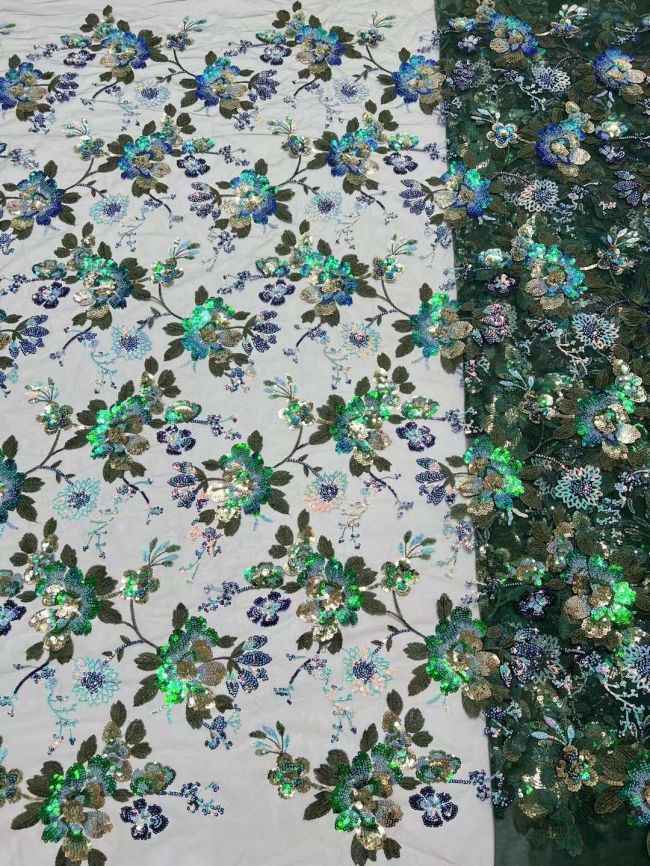 5 Yards Multi-Colored 3D Floral Flowers Sequins Beaded Embroidered Lace Fabric JX107