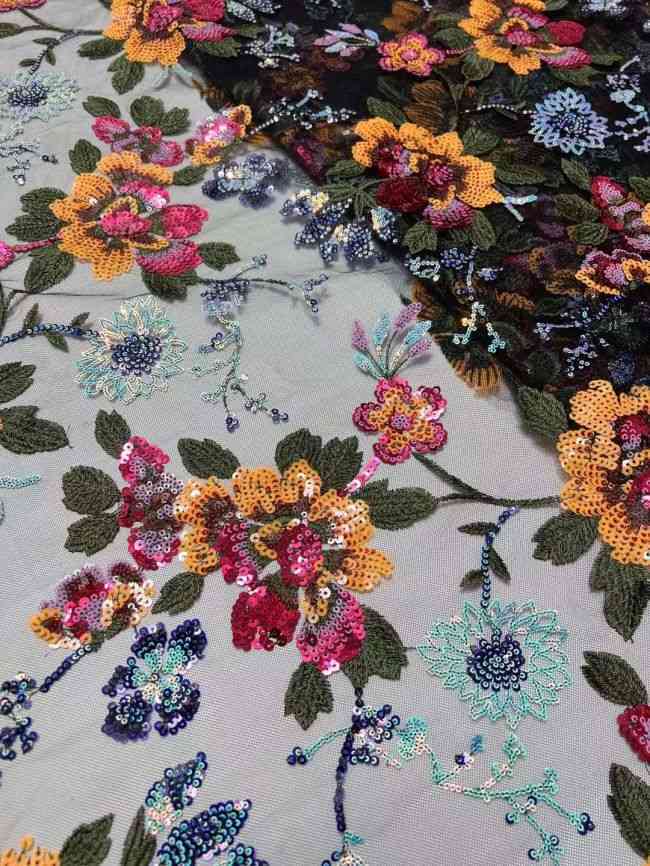 5 Yards Multi-Colored 3D Floral Flowers Sequins Beaded Embroidered Lace Fabric JX107