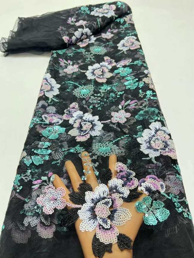 5 Yards Multi-Colored 3D Floral Flowers Sequins Beaded Embroidered Lace Fabric JX107
