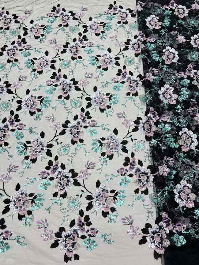 5 Yards Multi-Colored 3D Floral Flowers Sequins Beaded Embroidered Lace Fabric JX107