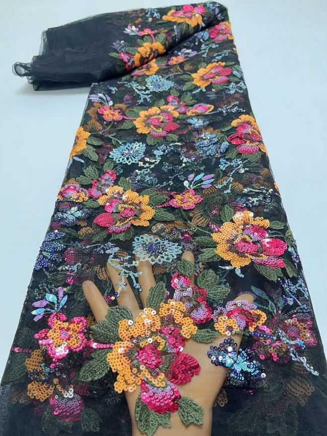 5 Yards Multi-Colored 3D Floral Flowers Sequins Beaded Embroidered Lace Fabric JX107