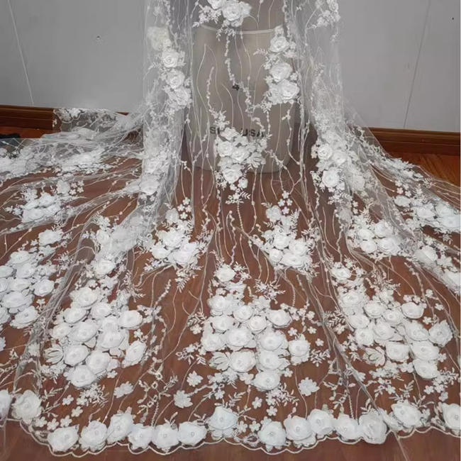 3D Floral Pearls Beaded Embroidered Bridal Lace Fabric RX076