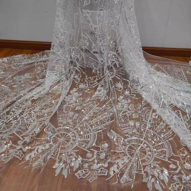 Sequined Beaded Embroidered Bridal Lace Fabric RX055