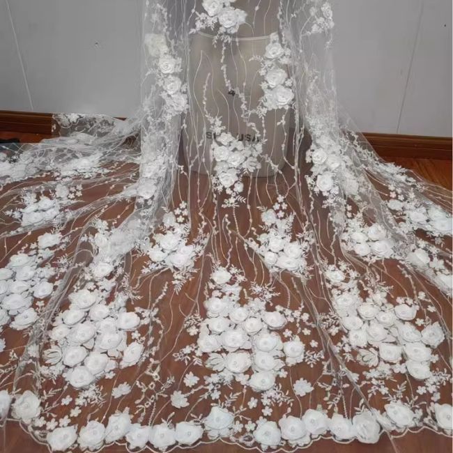 3D Floral Pearls Beaded Embroidered Bridal Lace Fabric RX076