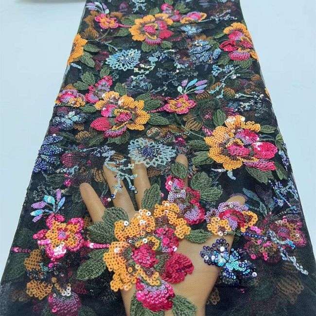 5 Yards Multi-Colored 3D Floral Flowers Sequins Beaded Embroidered Lace Fabric JX107