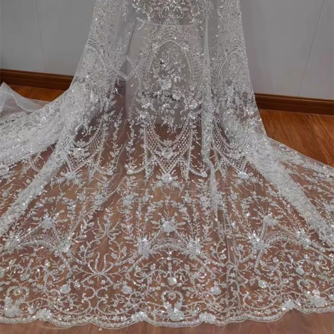 Sequined Beaded Embroidered Bridal Lace Fabric RX058
