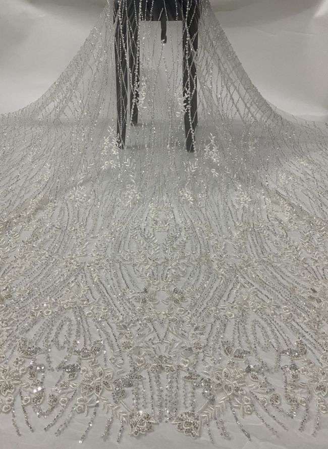 15 Yards Heavily Beaded Sequined Embroidered Off White Wedding Bridal Lace Fabric TDD316